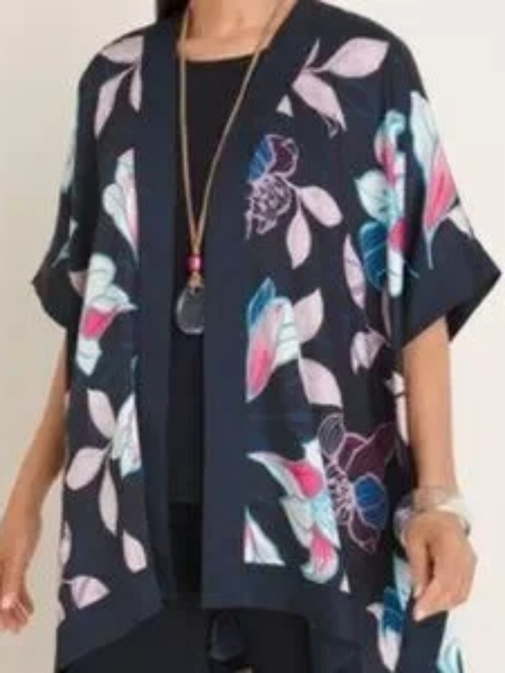 CHICO'S Traveler Navy Floral Longline Silky Kimono L/XL Resortwear Vacation - Picture 2 of 12